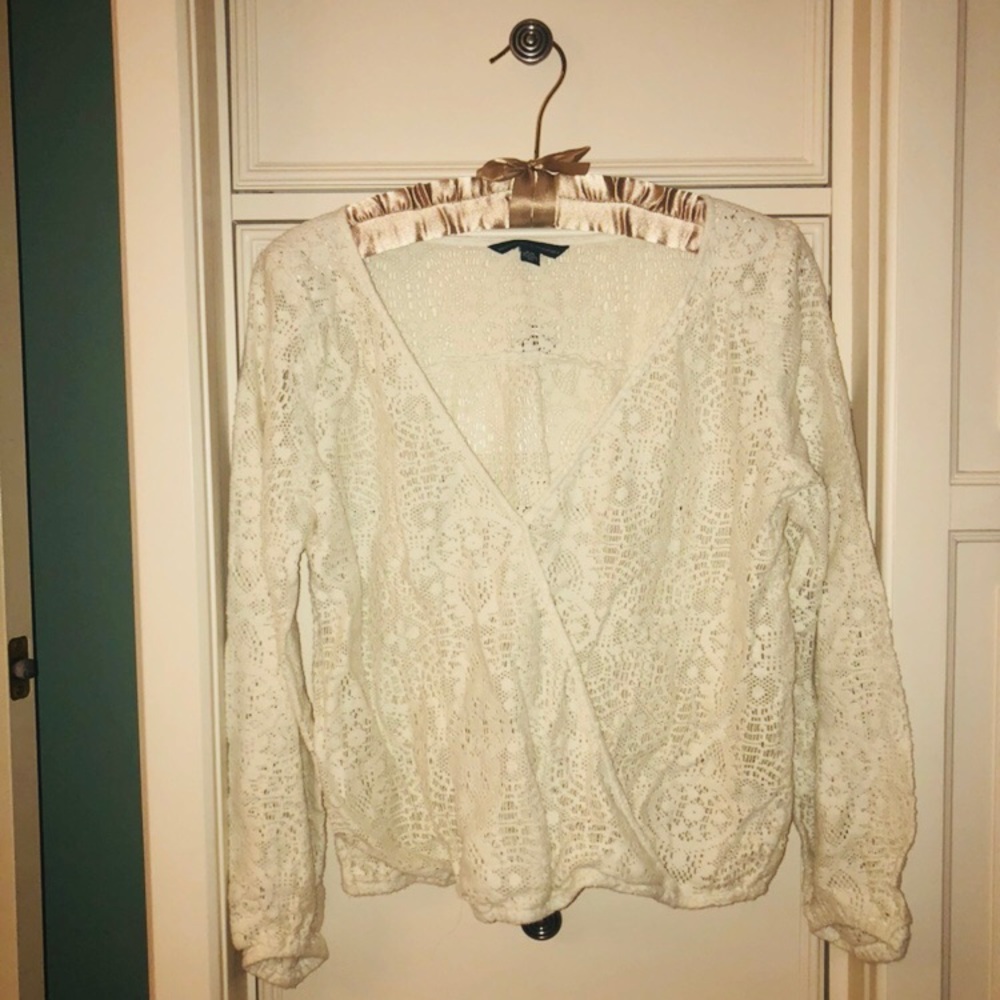 AMERICAN EAGLE Ecru Cotton Woven Lace Top